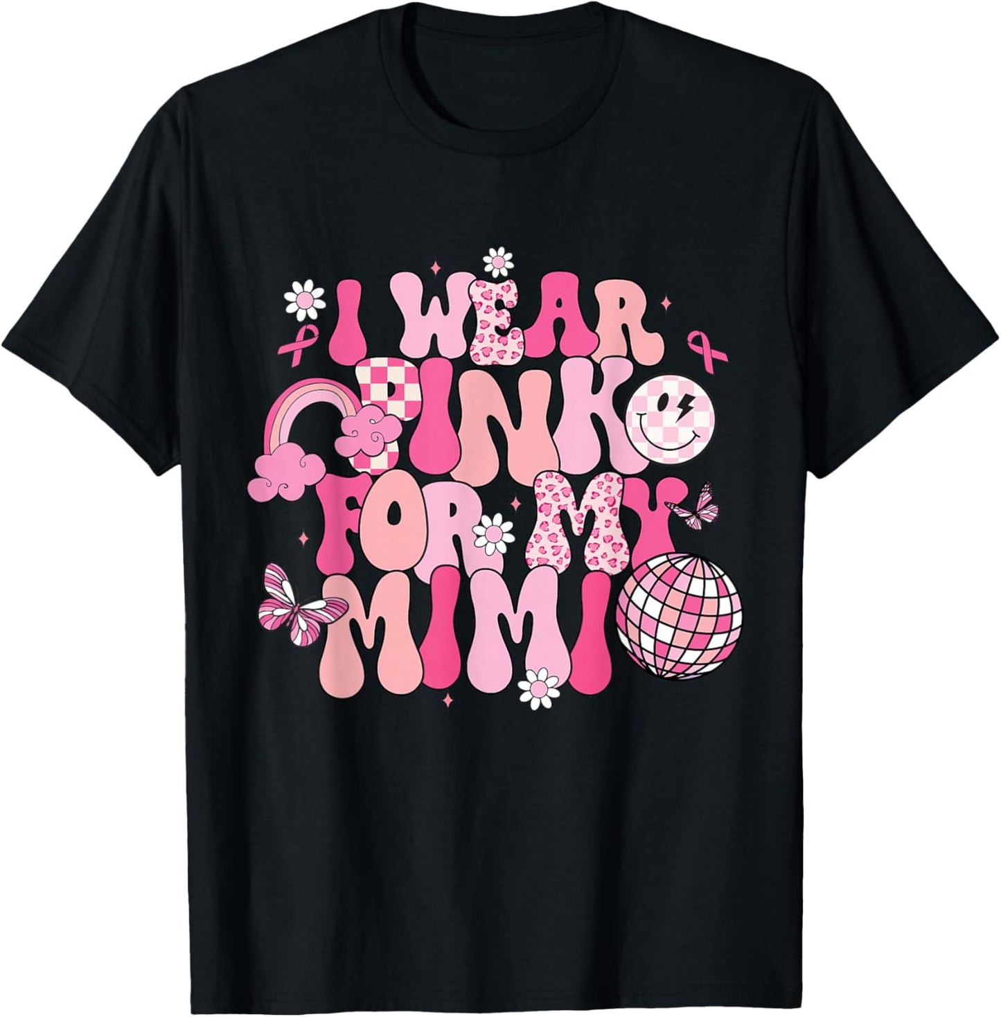 Groovy I Wear Pink For My Mimi Breast Cancer Awareness T-Shirt - T-Shirt | Black