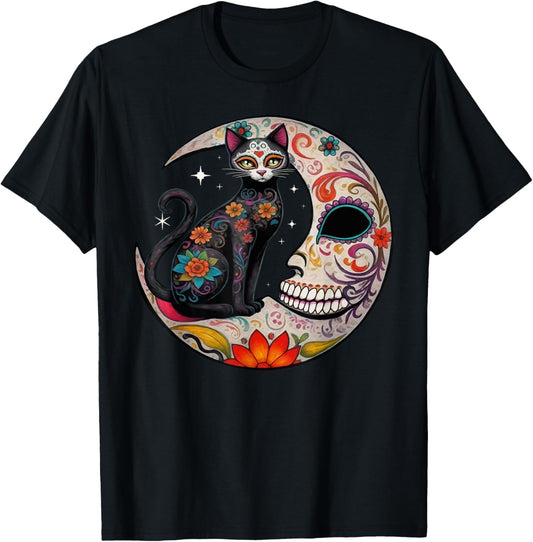 Sugar Skull Cat Moon De Los Muertos Day of Dead Halloween Women T-Shirt - T-Shirt | Black