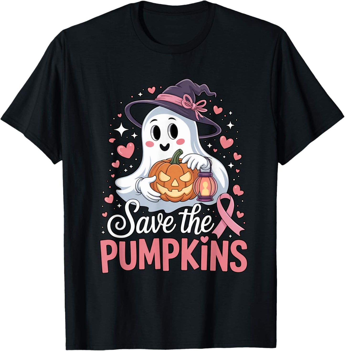 Save The Pumpkins Pink Ribbon Halloween Ghost Breast Cancer T-Shirt - T-Shirt | Black
