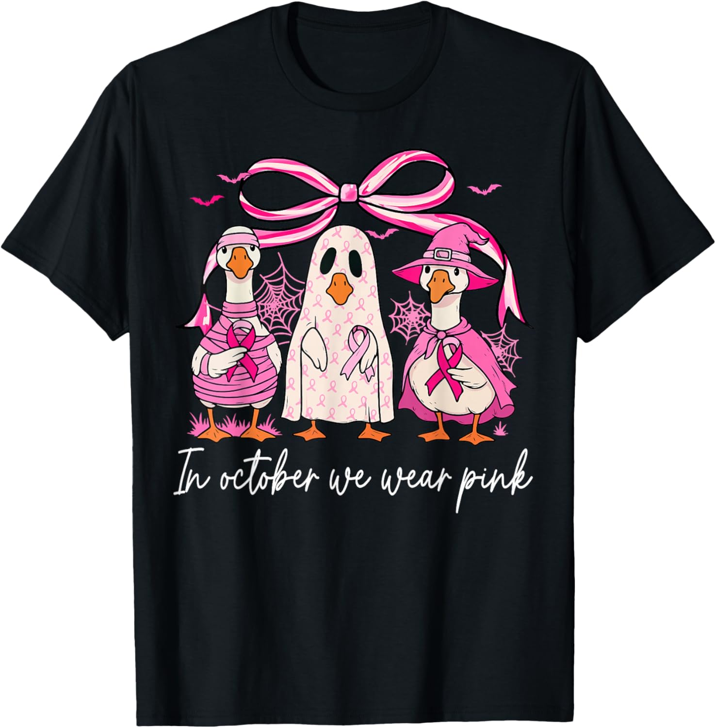 in October We Wear Pink Breast Cancer Ghost Goose Halloween T-Shirt - T-Shirt | Black