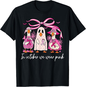 in October We Wear Pink Breast Cancer Ghost Goose Halloween T-Shirt - T-Shirt | Black
