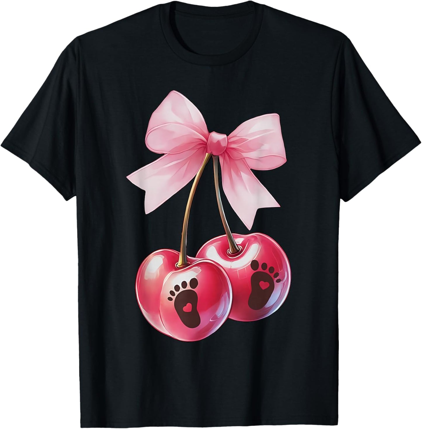 Coquette Cherry Bow With Baby Foot Pregnancy Reveal New Mom T-Shirt - T-Shirt | Black