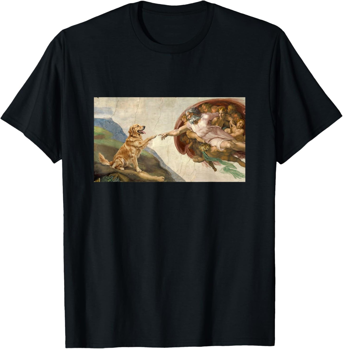 Hand of God Golden Retriever Dog Parody Funny Michelangelo T-Shirt - T-Shirt | Black