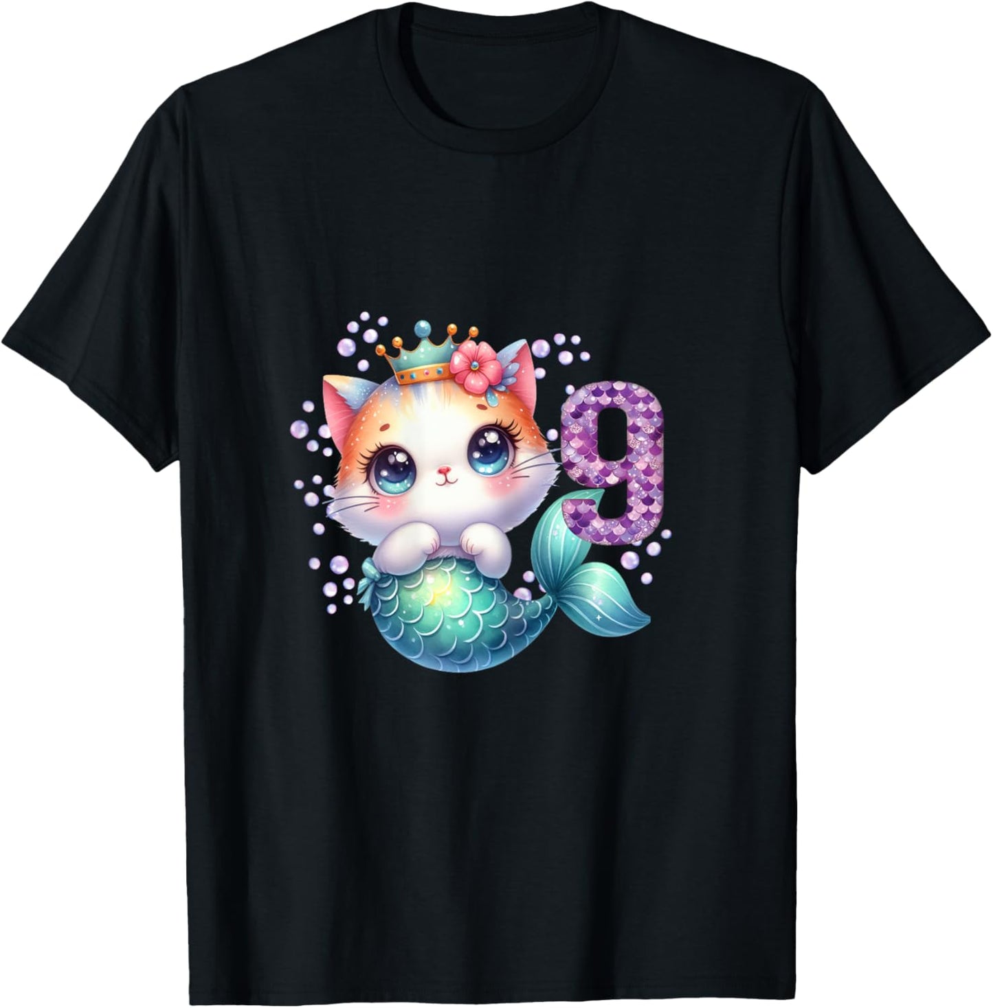 Cat Mermaid 9th Birthday 9 Year Old Party Girls Outfit T-Shirt - T-Shirt | Black