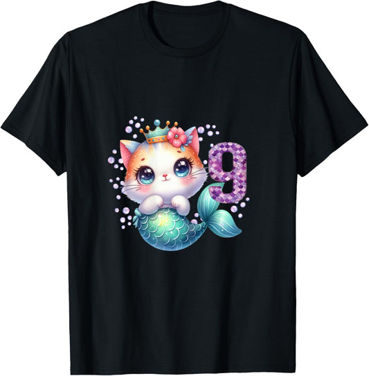 Cat Mermaid 9th Birthday 9 Year Old Party Girls Outfit T-Shirt - T-Shirt | Black