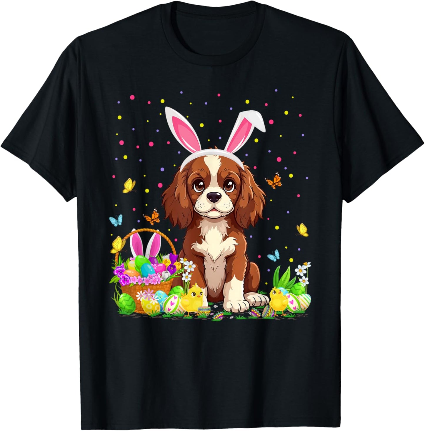 Cavalier King Charles Spaniel Dog Easter Egg Hunt Bunny Ear T-Shirt - T-Shirt | Black