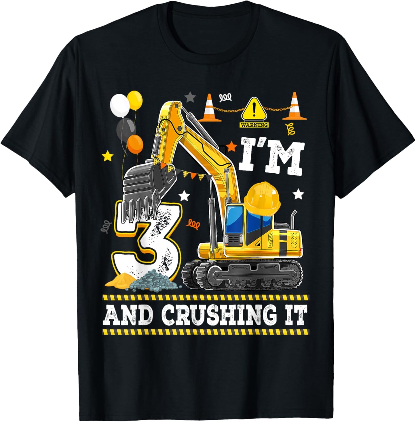 Excavator 3 Yr Old Crushing It 3rd Birthday Digger Builder T-Shirt - T-Shirt | Black