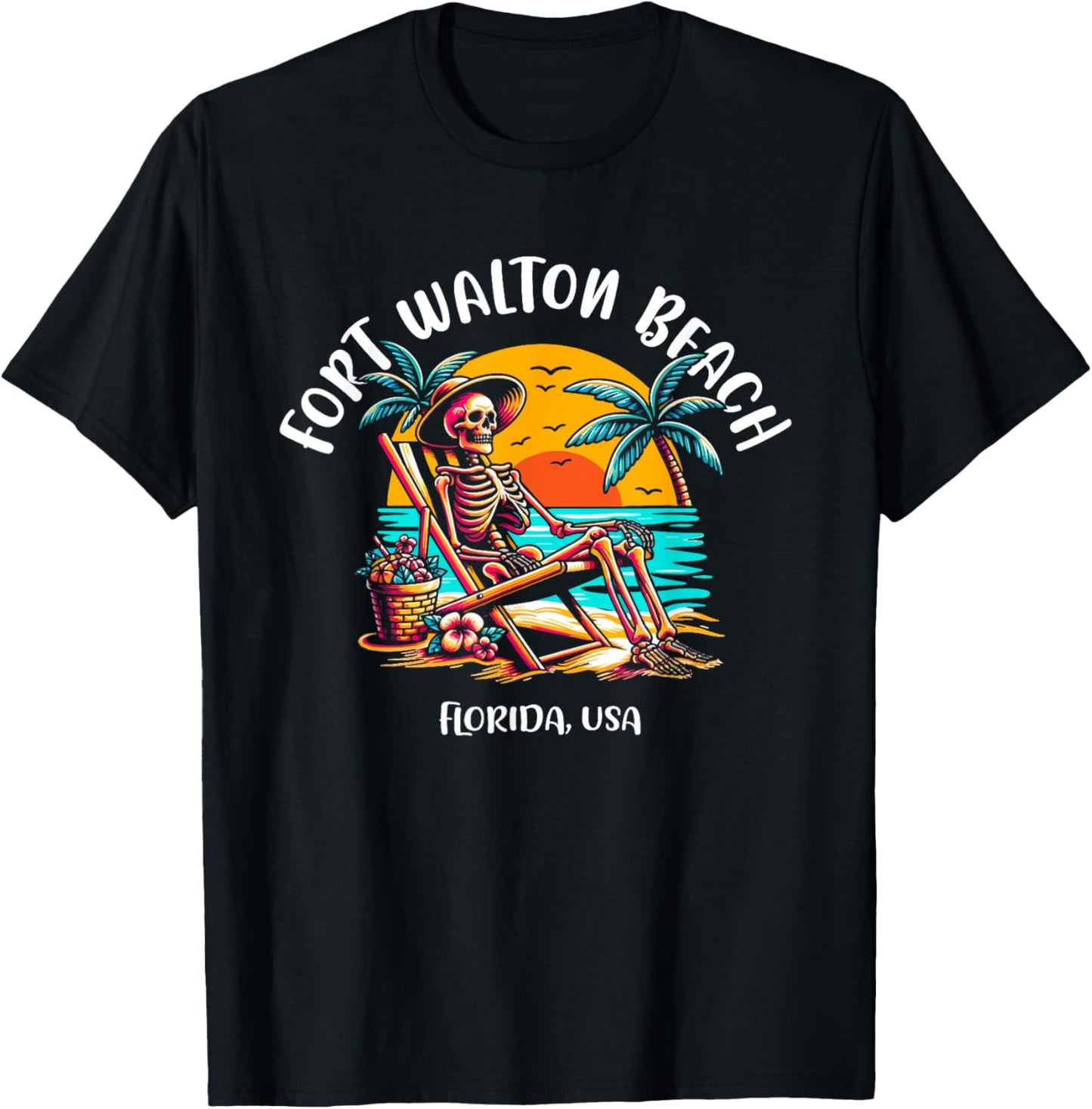Fort Walton Beach Florida Fun Skeleton in The Hot Sun Design T-Shirt - T-Shirt | Black