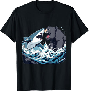 Shark vs Bear - Funny Comic Art Style Graphic T-Shirt - T-Shirt | Black