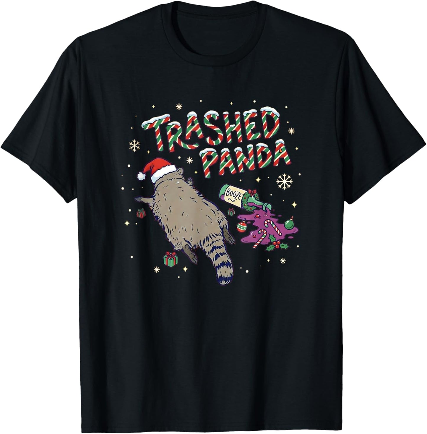 Christmas Funny Trashed Panda Racoon Gets Drunk Xmas T-Shirt - T-Shirt | Black