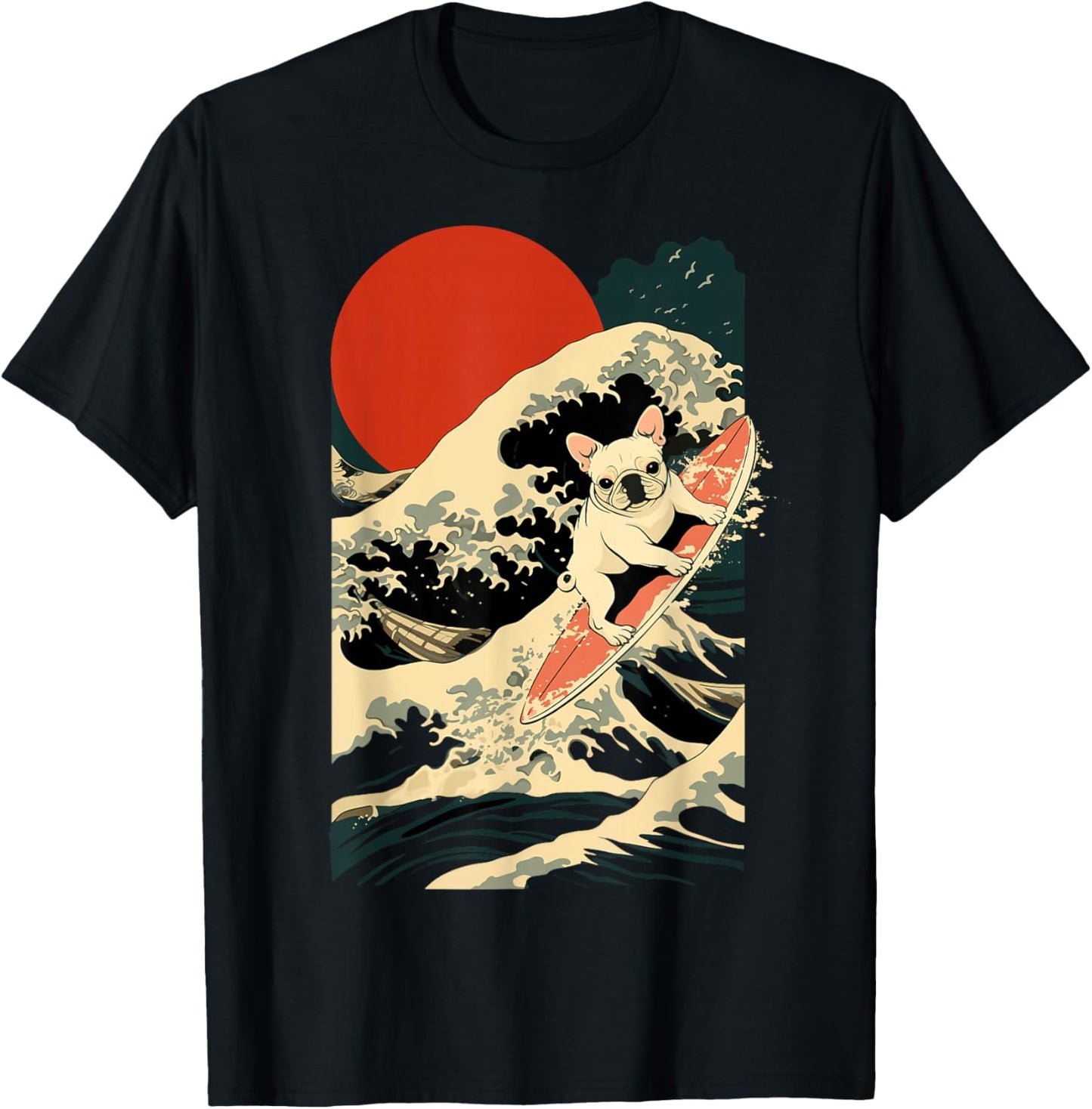 French Bulldog Surfing Japanese T-Shirt - T-Shirt | Black