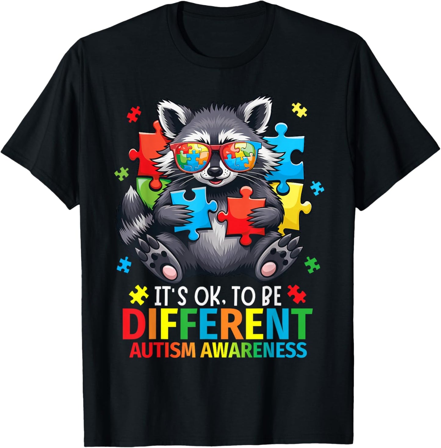 It's Okay To Be Different Autism Awareness Cute Raccoon T-Shirt - T-Shirt | Black