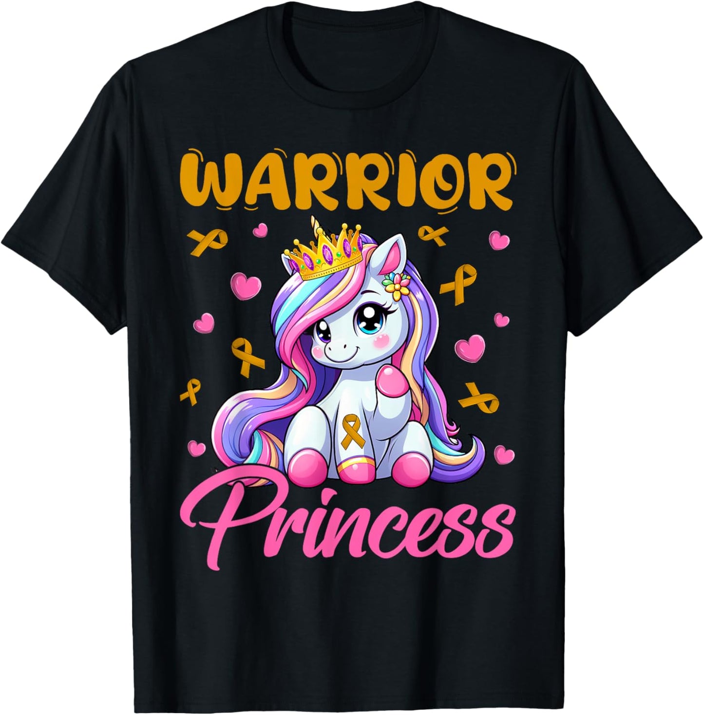 Childhood Cancer Awareness Warrior Princess Unicorn Girls T-Shirt - T-Shirt | Black