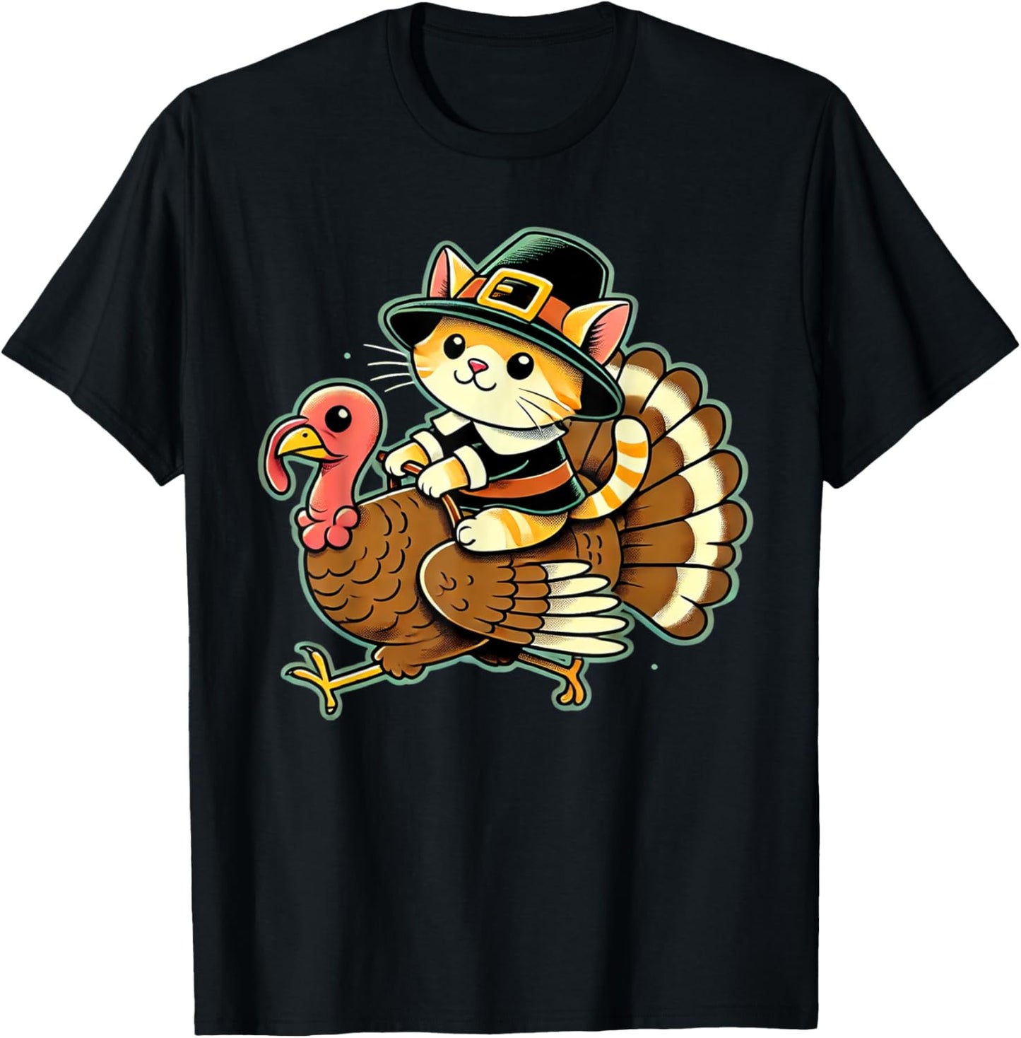 Cute Cat Pilgrim Costume And Turkey Funny Thanksgiving Retro Women Girls Kids T-Shirt - T-Shirt | Black