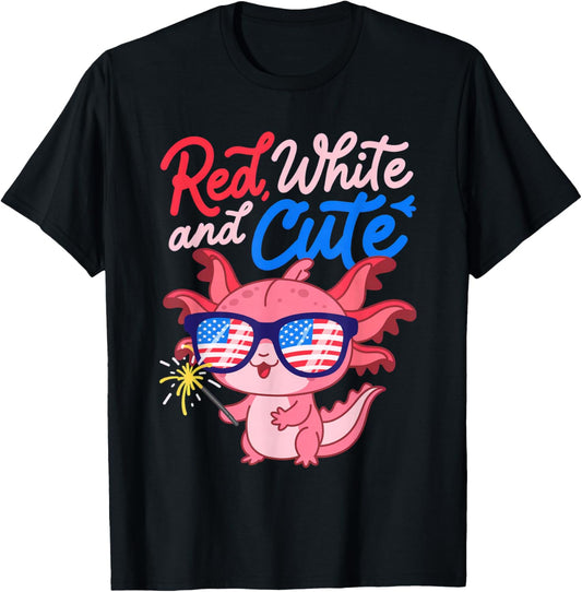 Red White and Cute Axolotl Patriotic Fourth of July T-Shirt - T-Shirt | Black