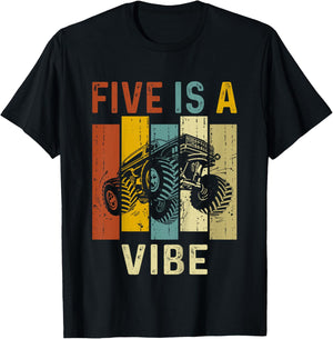 Five Is A Vibe Cute 5th Birthday design Monster 5Years Truck T-Shirt - T-Shirt | Black