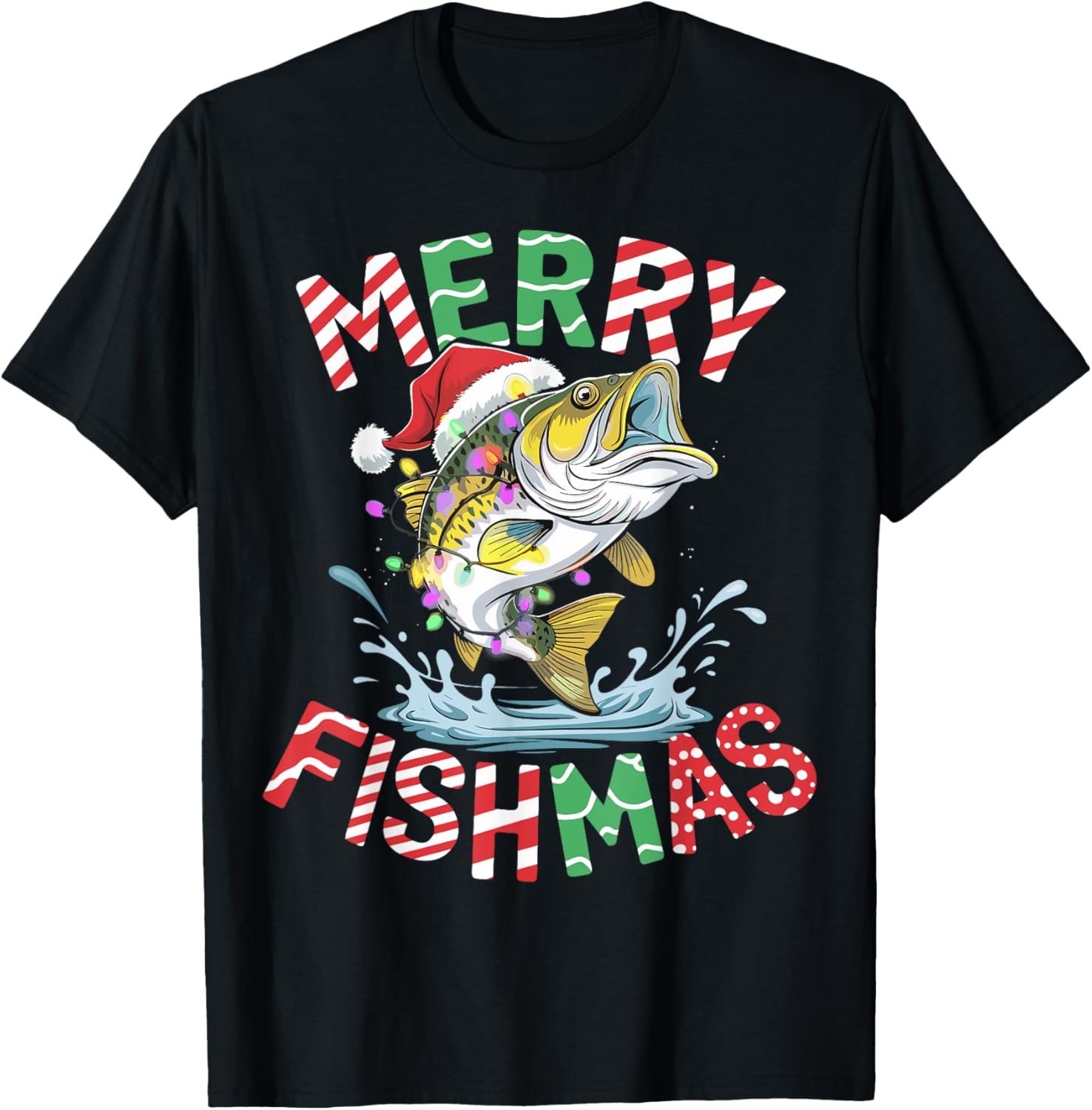 Merry Fishmas Santa Fishing Funny Fisherman Christmas T-Shirt - T-Shirt | Black