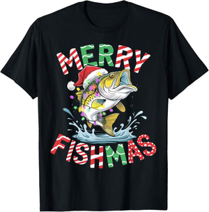 Merry Fishmas Santa Fishing Funny Fisherman Christmas T-Shirt - T-Shirt | Black