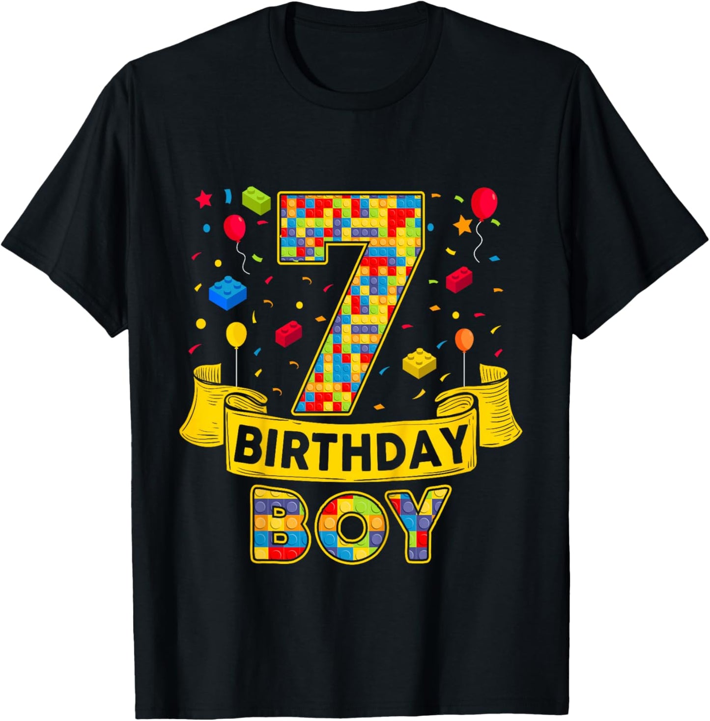 7th Birthday Boy Brick Builder I'm 7 Year Old Birthday T-Shirt - T-Shirt | Black