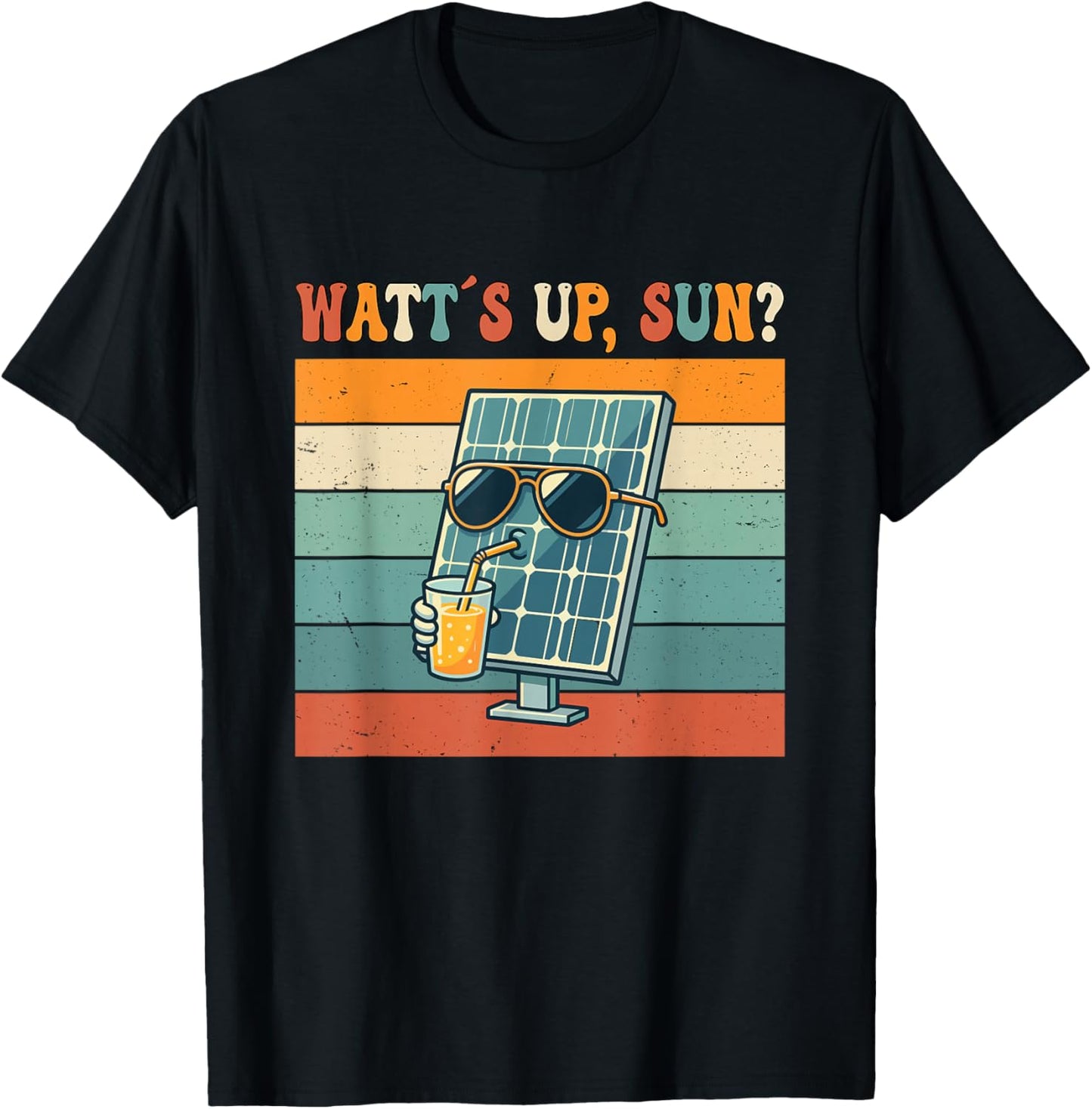 Watts Up Sun Funny Solar Power Pun Retro Vintage Sunset T-Shirt - T-Shirt | Black