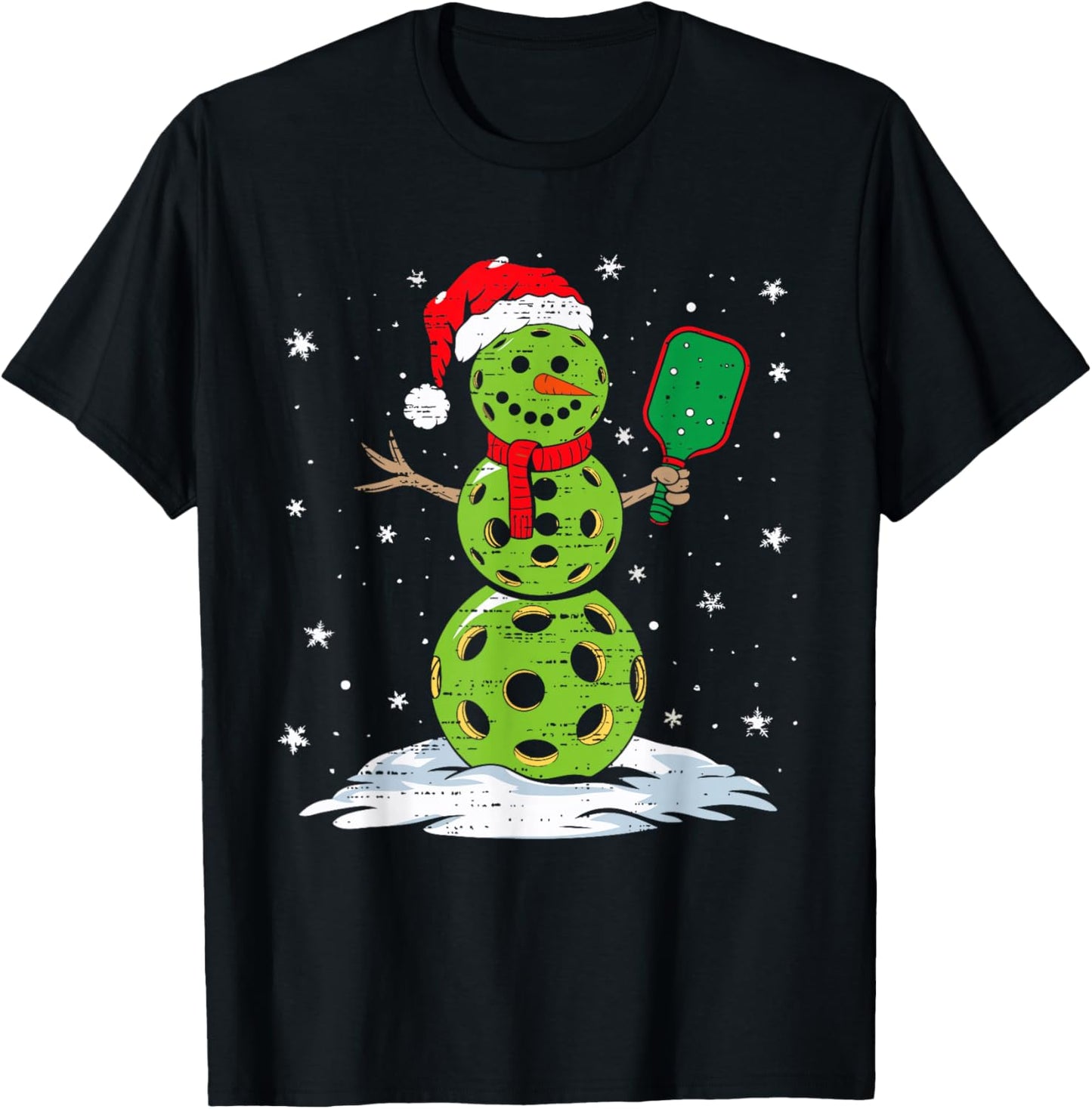 Christmas Pickleball Snowman Xmas Santa Hat Kids T-Shirt - T-Shirt | Black