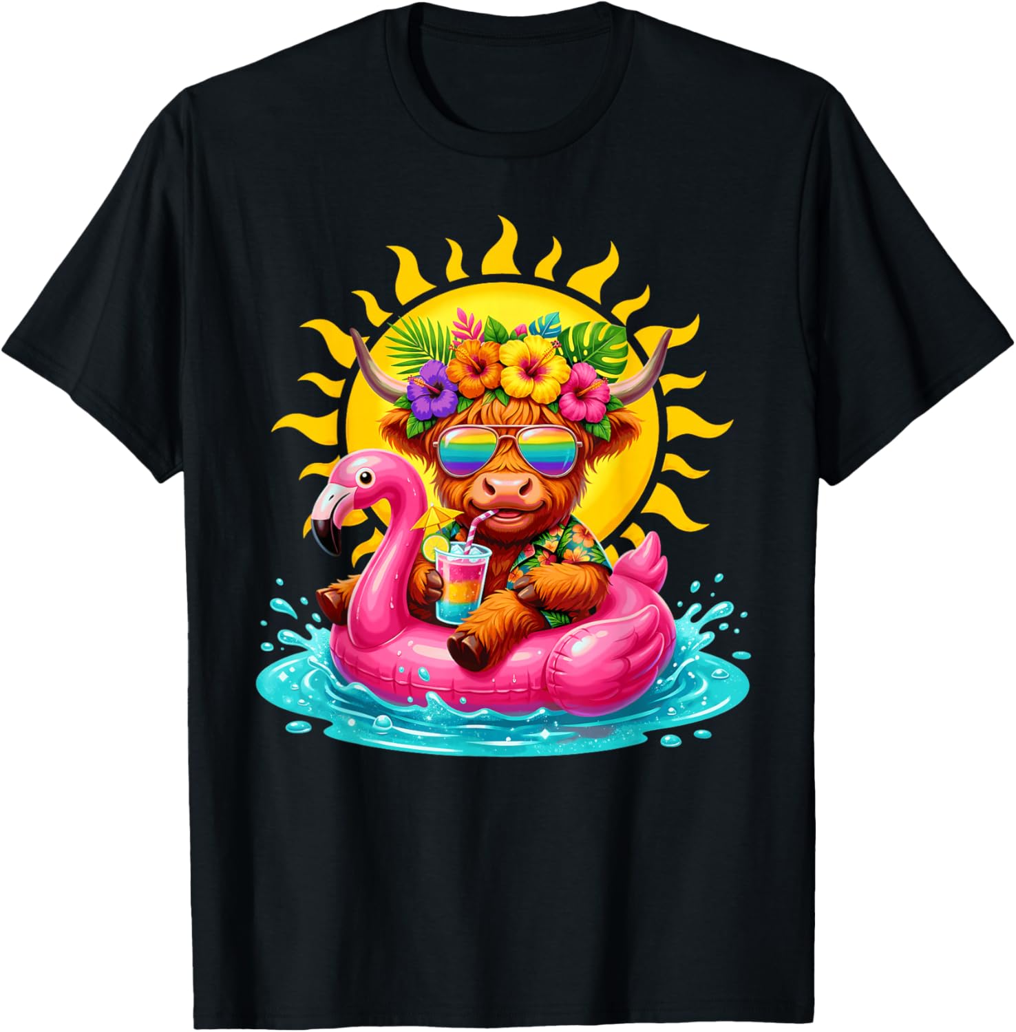 Funny Highland Cow On Flamingo Float Hawaii Tropical Summer T-Shirt - T-Shirt | Black