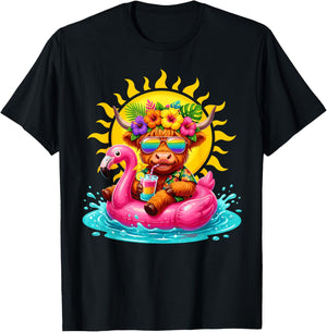 Funny Highland Cow On Flamingo Float Hawaii Tropical Summer T-Shirt - T-Shirt | Black