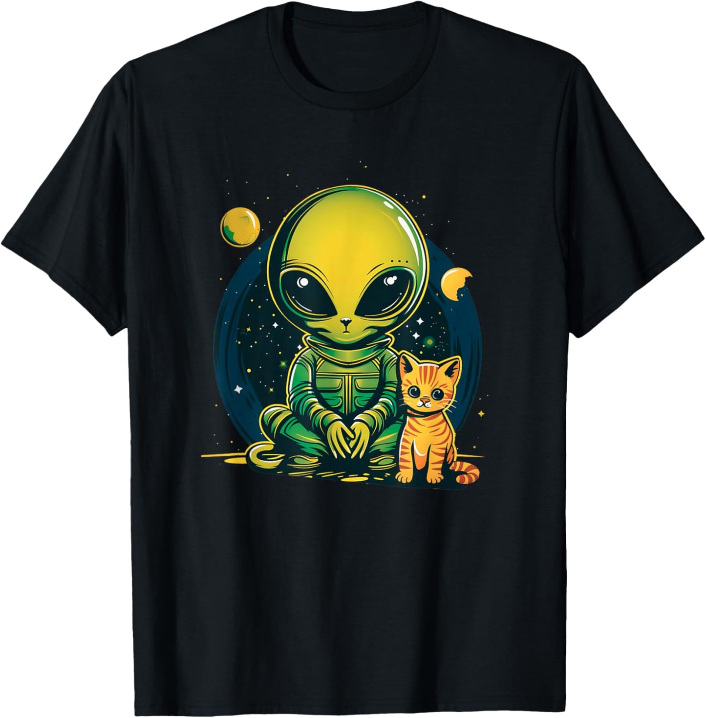 Alien And Cat Funny Cat Selfie With Alien Vintage Ufo Funny T-Shirt - T-Shirt | Black
