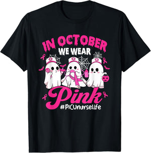 in October We Wear Pink PICU Nurse Life Breast Cancer T-Shirt - T-Shirt | Black