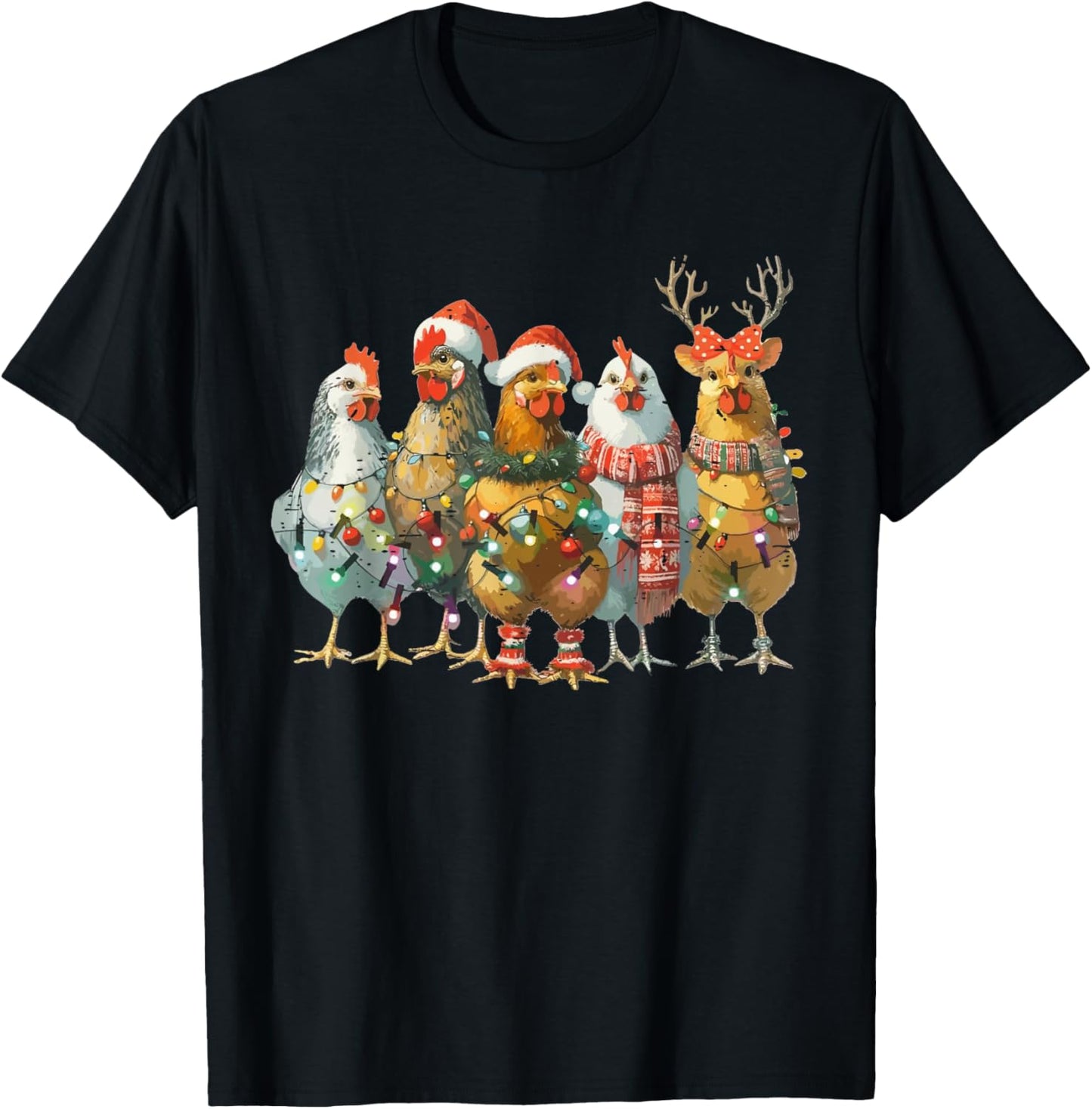 Funny Chicken Christmas Lights Farm Animal Cute Xmas Holiday T-Shirt - T-Shirt | Black