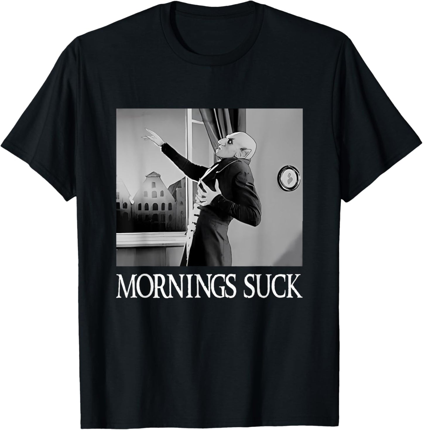Mornings Suck Funny Halloween Vampire Pun Graphic T-Shirt - T-Shirt | Black