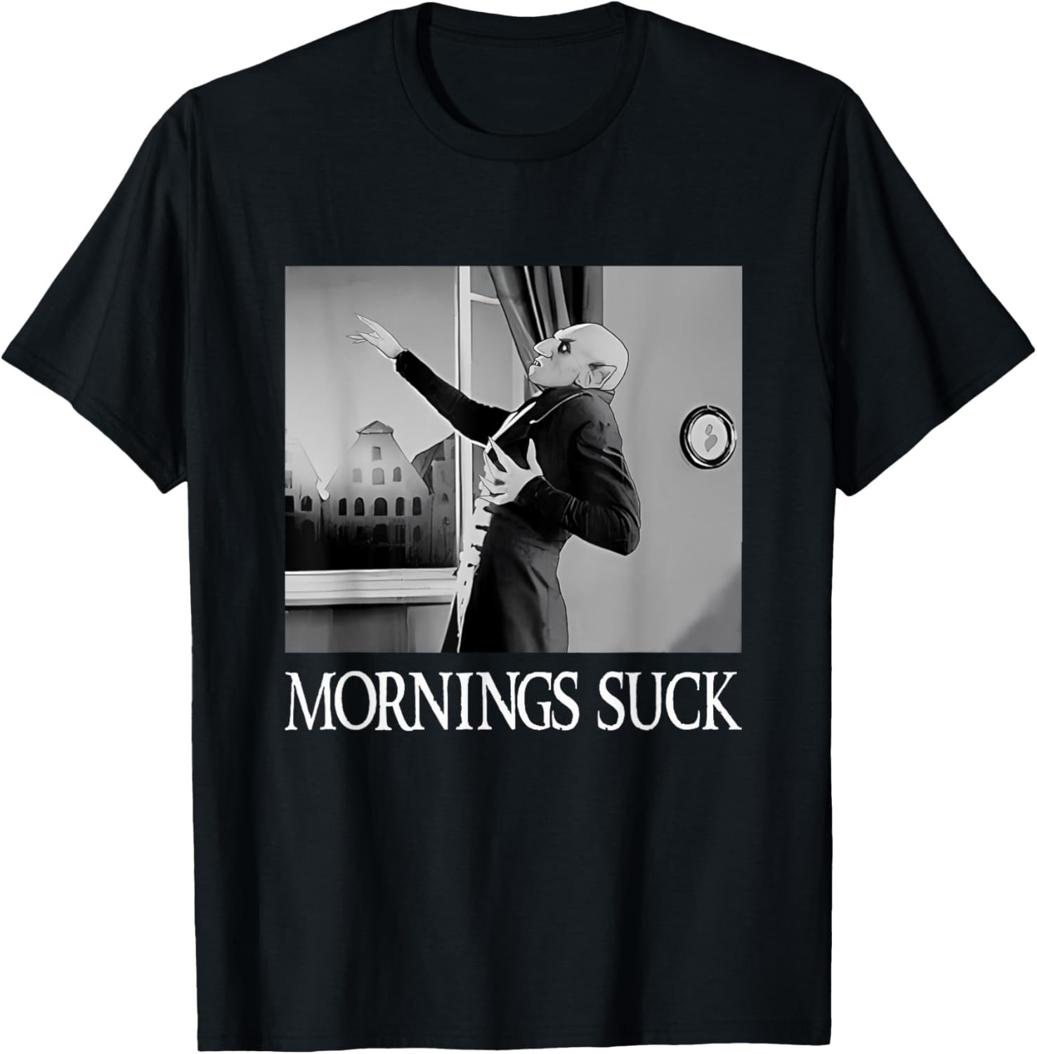 Mornings Suck Funny Halloween Vampire Pun Graphic T-Shirt - T-Shirt | Black