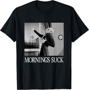 Mornings Suck Funny Halloween Vampire Pun Graphic T-Shirt - T-Shirt | Black