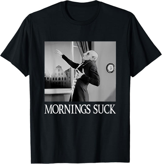 Mornings Suck Funny Halloween Vampire Pun Graphic T-Shirt - T-Shirt | Black