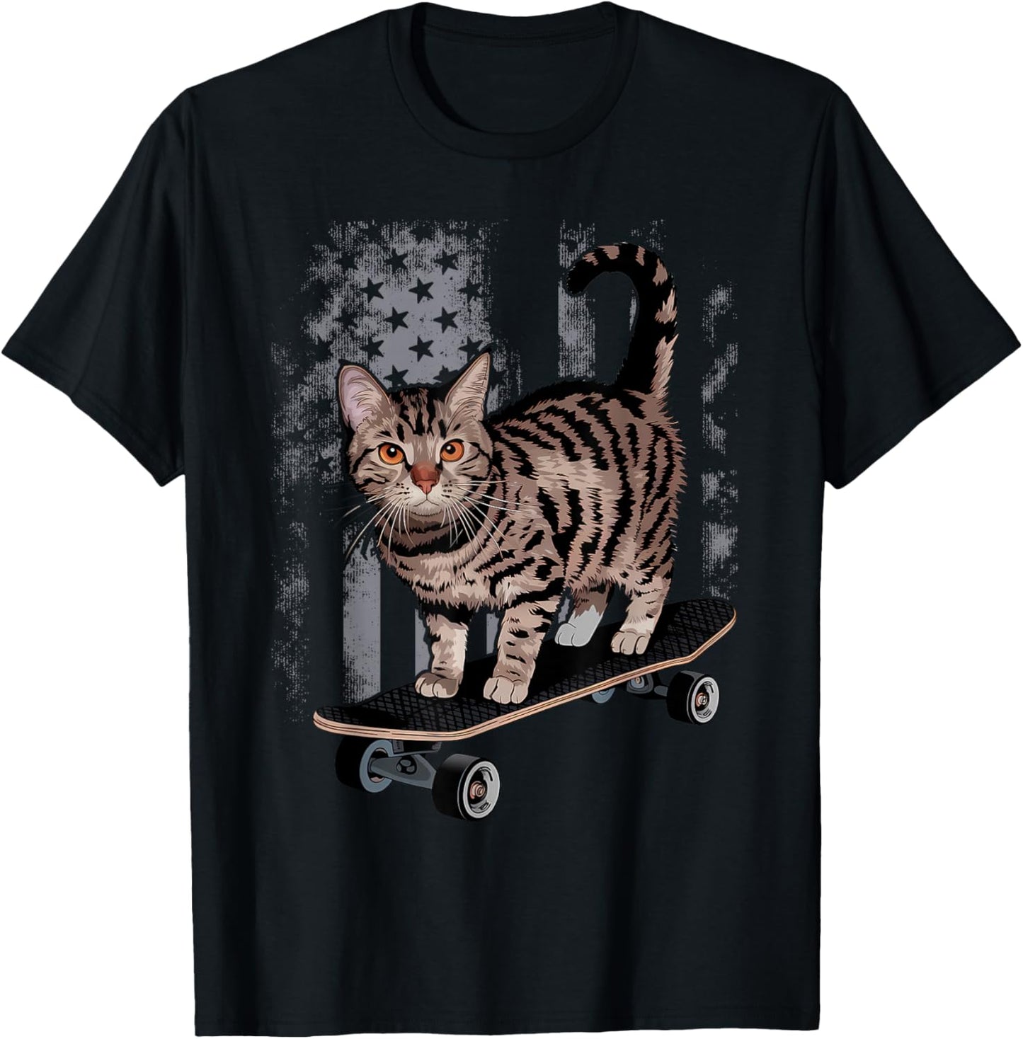 Cat on Skateboard Funny Gray Tabby Kitty T-Shirt - T-Shirt | Black