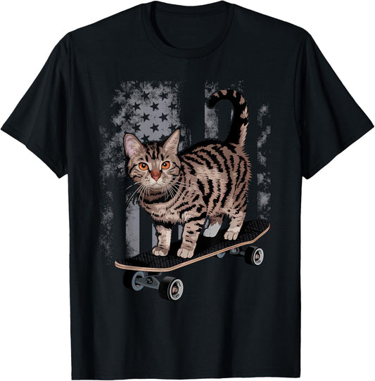 Cat on Skateboard Funny Gray Tabby Kitty T-Shirt - T-Shirt | Black