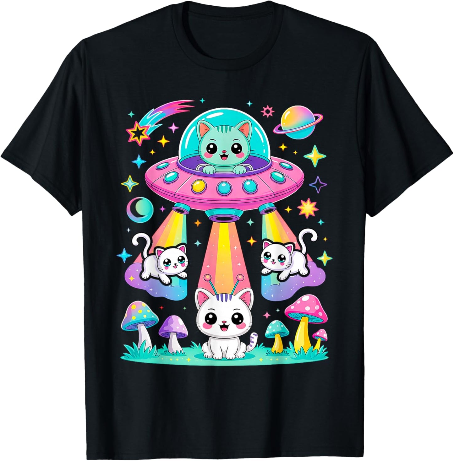 Funny Cat UFO Cute Kitty Space Spaceship Alien Aesthetic T-Shirt - T-Shirt | Black