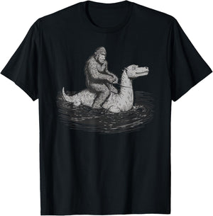 Bigfoot Sasquatch Riding The Loch Ness Monster Funny BigFoot T-Shirt - T-Shirt | Black