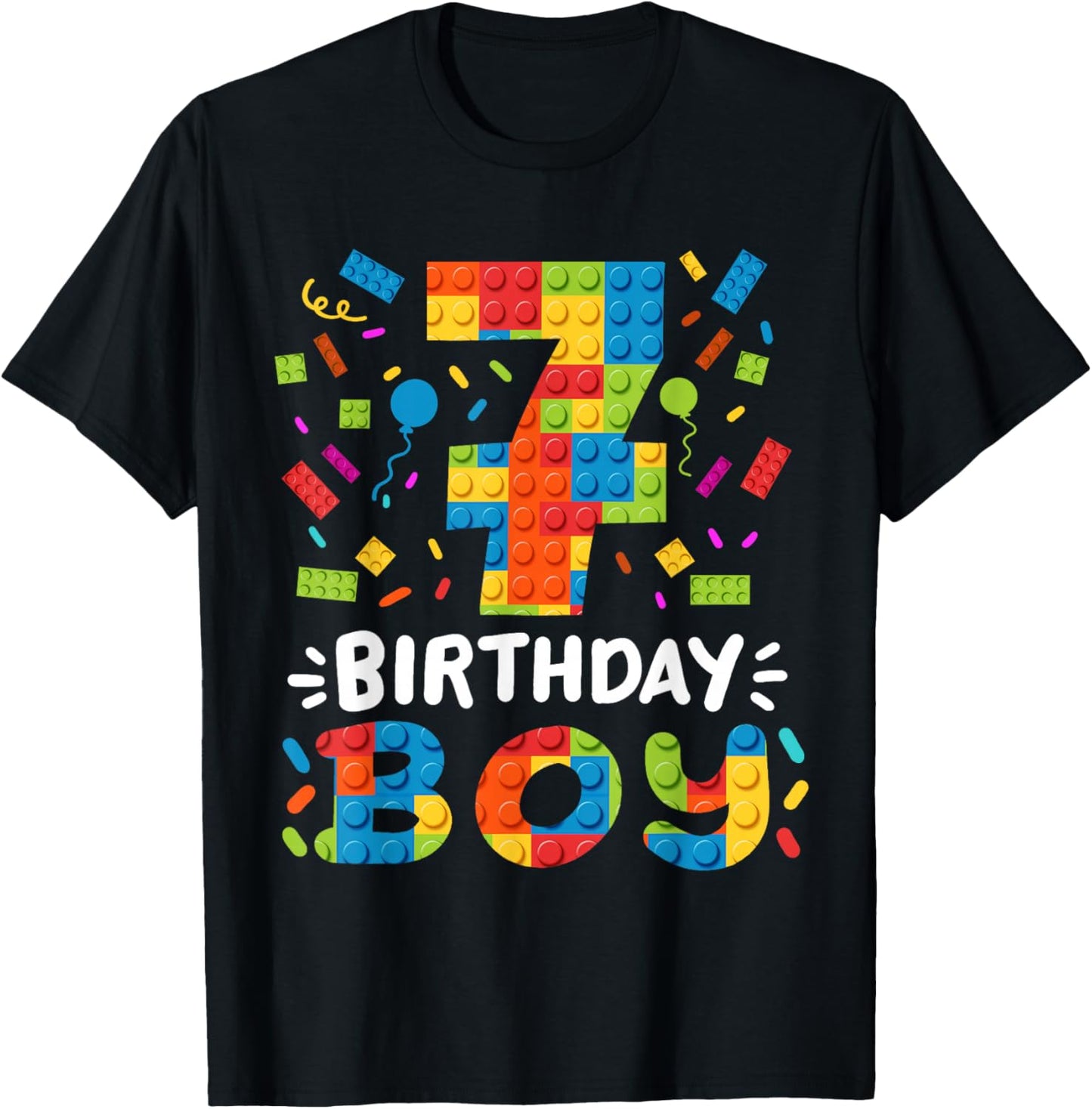 Kids 7 Years Old Building Blocks Builder 7th Birthday Boys T-Shirt - T-Shirt | Black