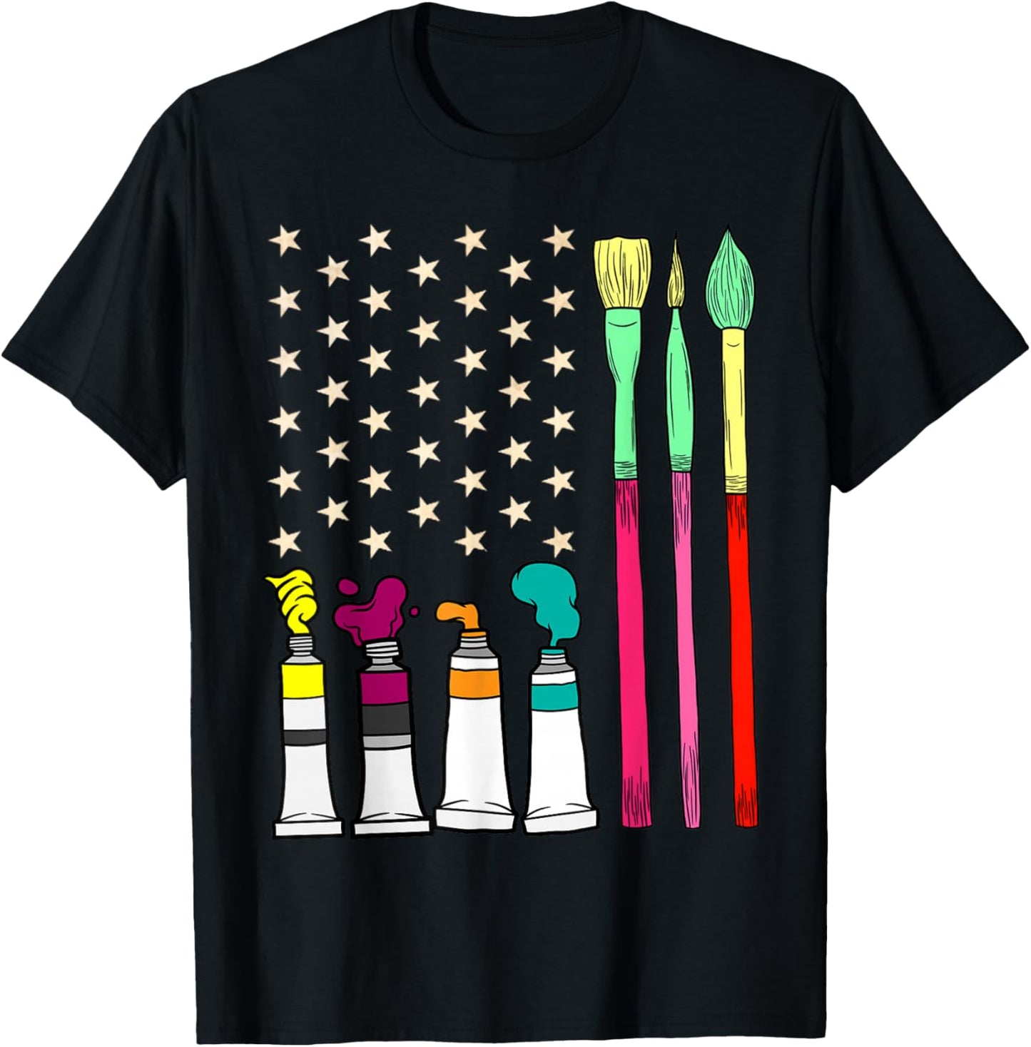 Fun Paint Brush Artist American Flag 4th Of July Painters Women Kids Men T-Shirt - T-Shirt | Black