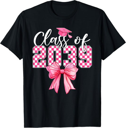 Class of 2039 Pink Checkered Graduation Coquette Bow Girl T-Shirt - T-Shirt | Black