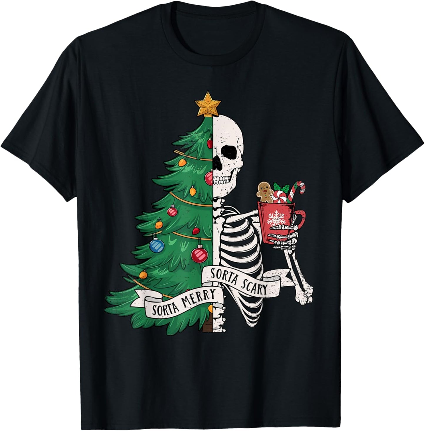 Funny Christmas Sorta Merry Sorta Scary Skeleton Xmas Tree T-Shirt - T-Shirt | Black