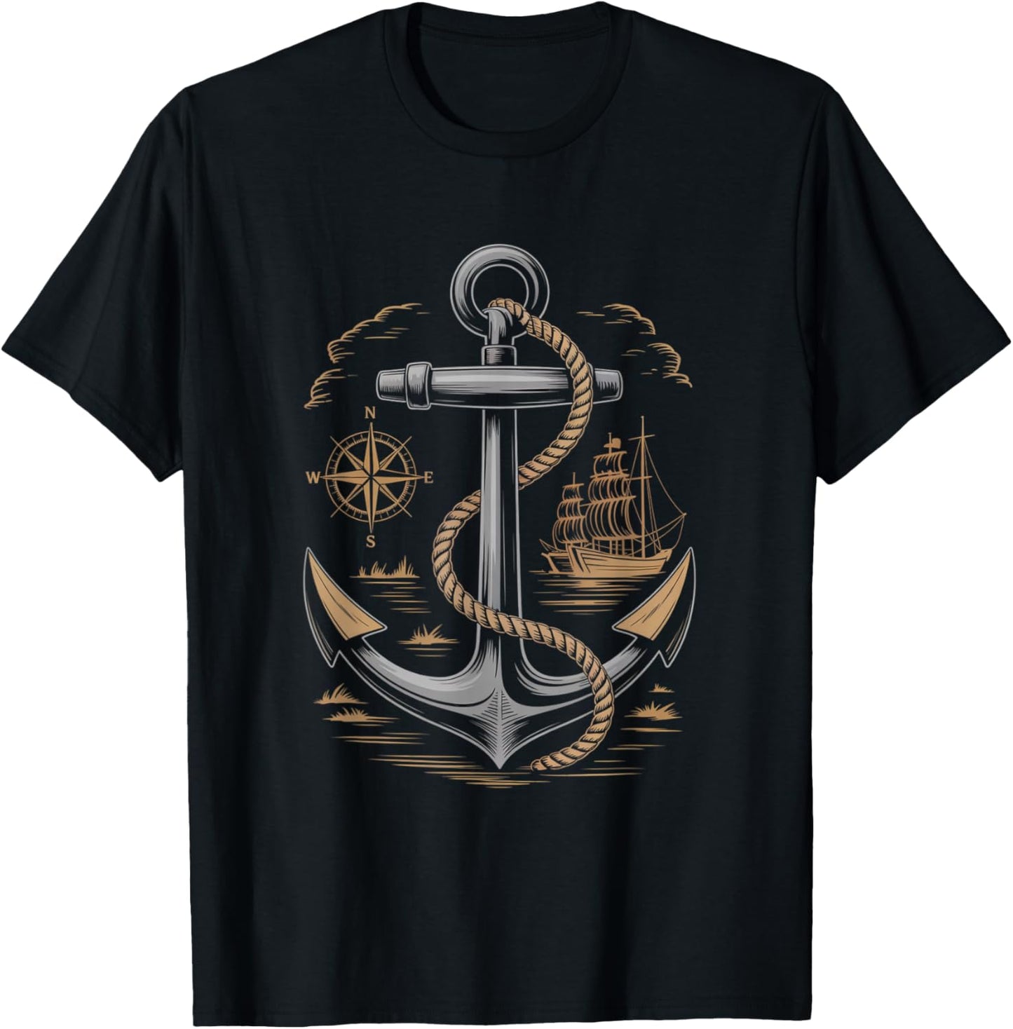 Vintage Anchor Compass Sailing Ship Nautical Maritime Sea T-Shirt - T-Shirt | Black