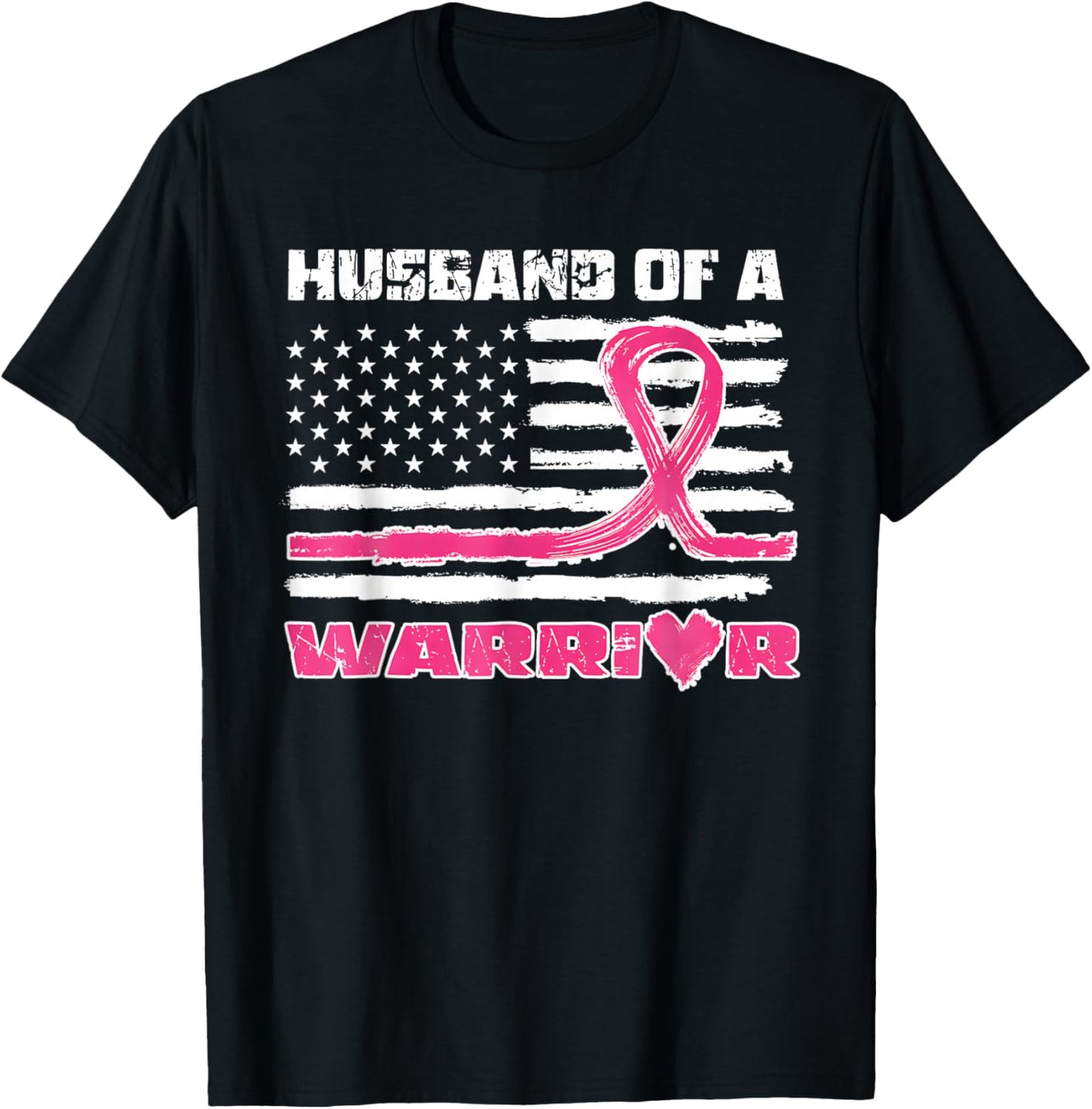 Pink Ribbon American Flag Husband Of A Warrior Breast Cancer T-Shirt - T-Shirt | Black