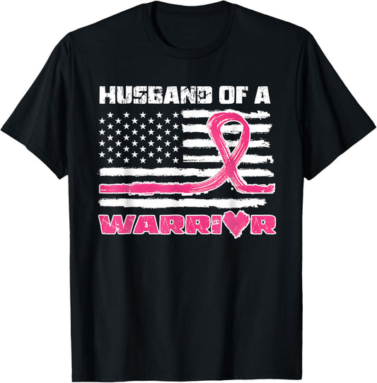 Pink Ribbon American Flag Husband Of A Warrior Breast Cancer T-Shirt - T-Shirt | Black