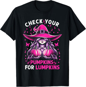 Breast Cancer Witch Check Your Pumpkins For Lumpkins T-Shirt - T-Shirt | Black