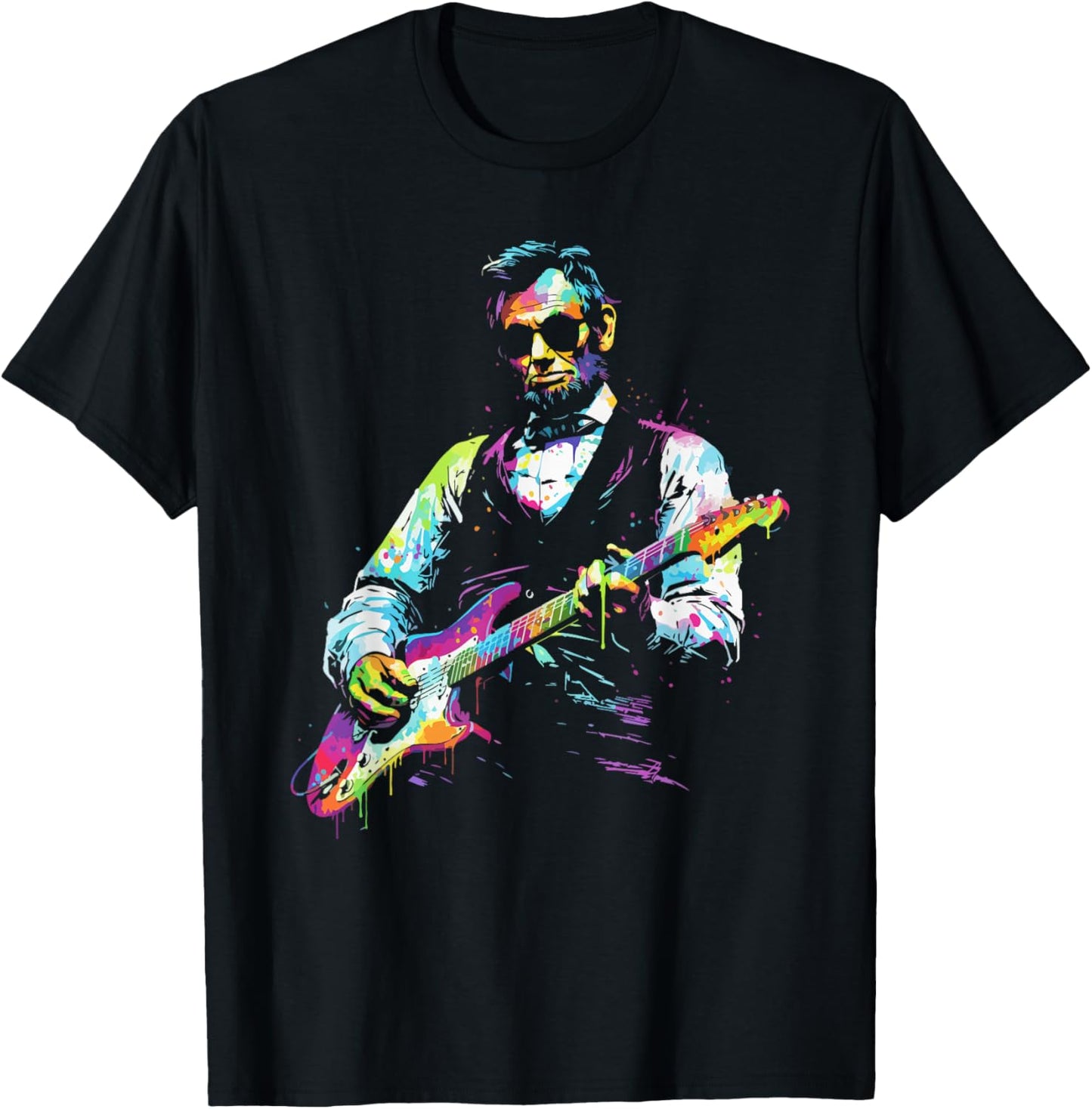 Rave President Abe Lincoln Playing Guitar Graphic EDM Art T-Shirt - T-Shirt | Black