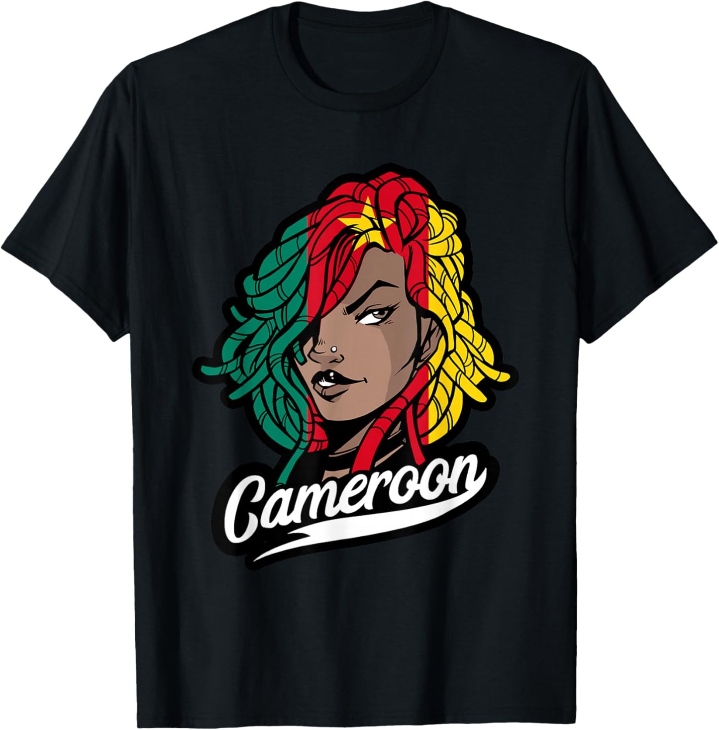 Cameroon Girl Dreadlocks Cameroonian Flag Cameroonian Roots T-Shirt - T-Shirt | Black