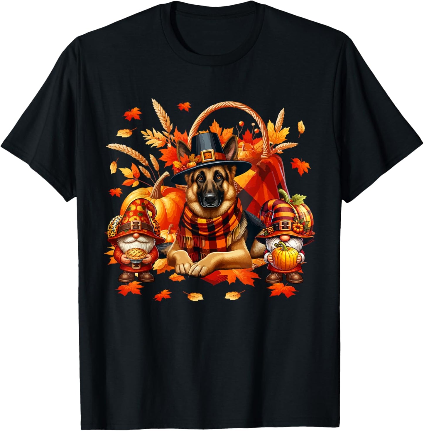 Thanksgiving German Shepherd With Gnomes Fall Pumpkins T-Shirt - T-Shirt | Black