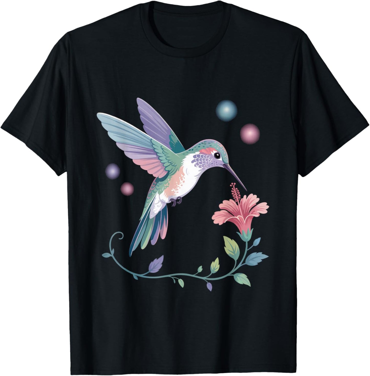 Colorful Cute Hummingbird Flower Nature Art Bird Lovers T-Shirt - T-Shirt | Black
